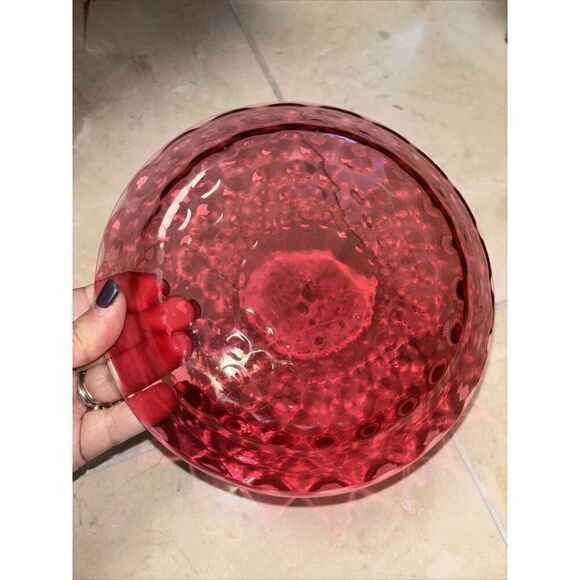 GLASS  DOME CHEESE Butter DESSERT COVERED DISH 7x9” Cranberry Clear Birds Trees - Picture 7 of 7